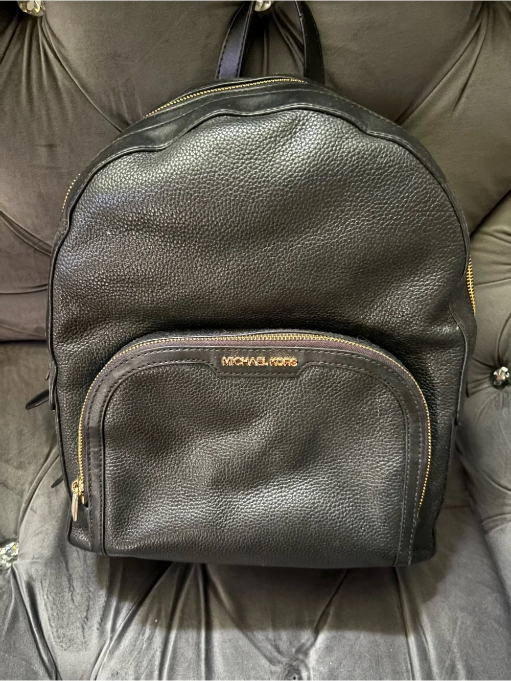 Michael Kors Black Pebbled Leather Backpack with Gold Hardware
